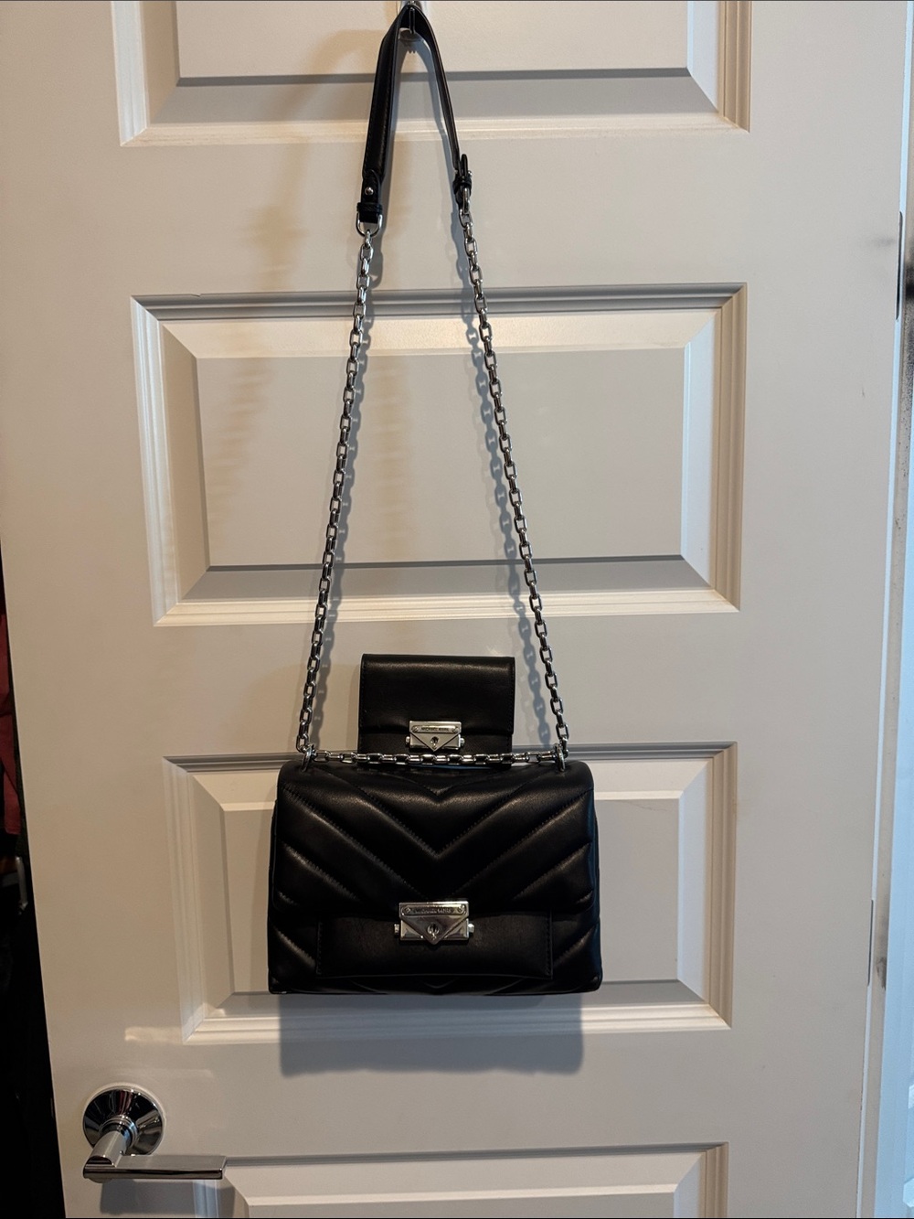 Michael Kors Black Quilted Leather Shoulder Bag with Silver Chain with wallet
